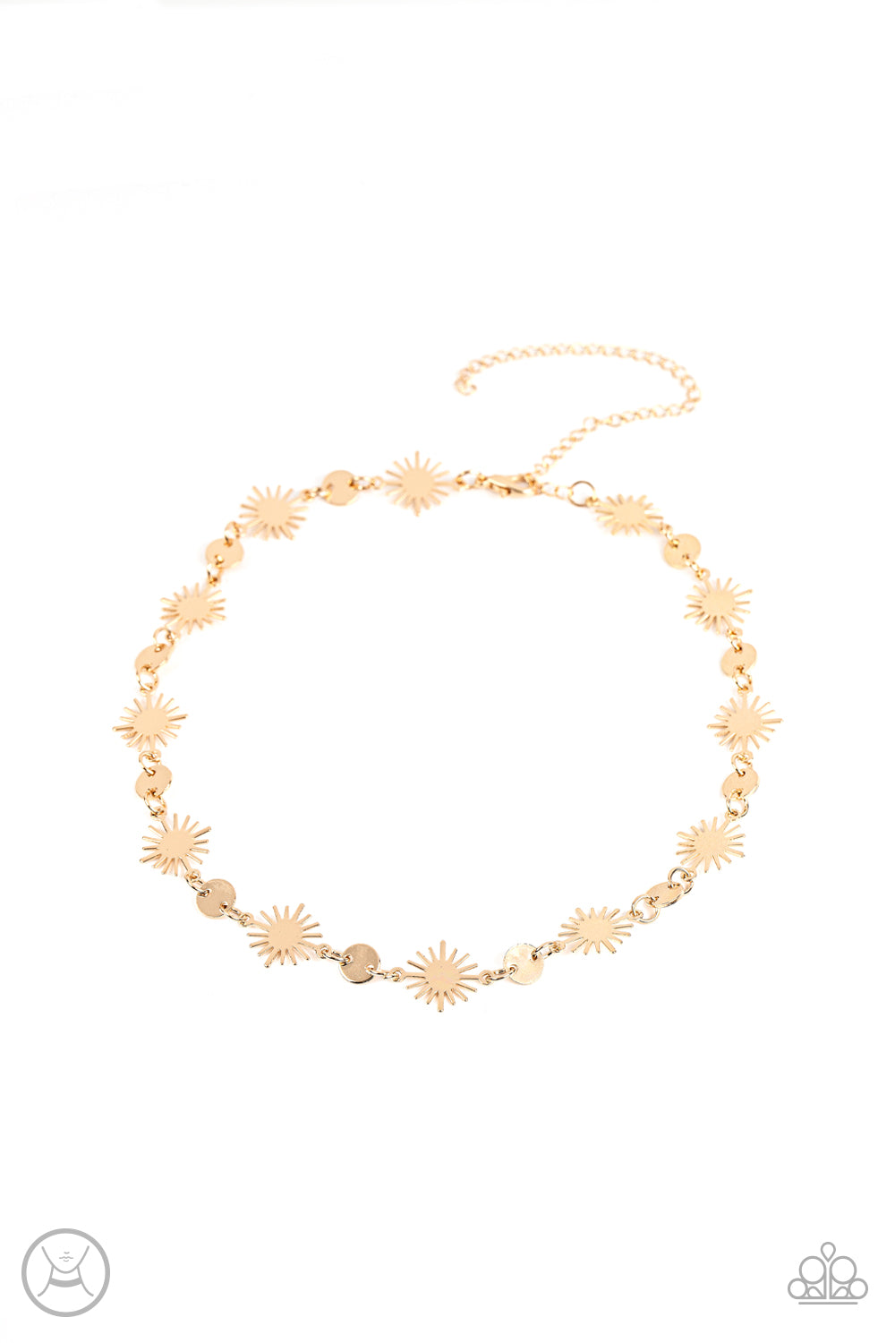 Dainty gold discs delicately alternate with starry gold sunbursts