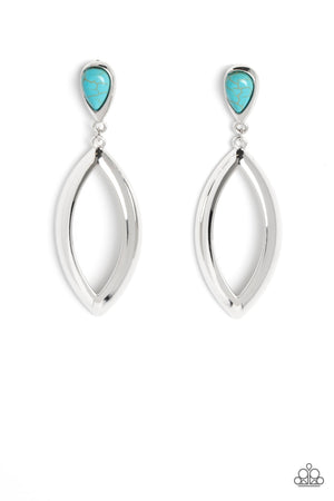 sleek silver fitting, a teardrop turquoise stone gives way to a beveled silver teardrop frame 