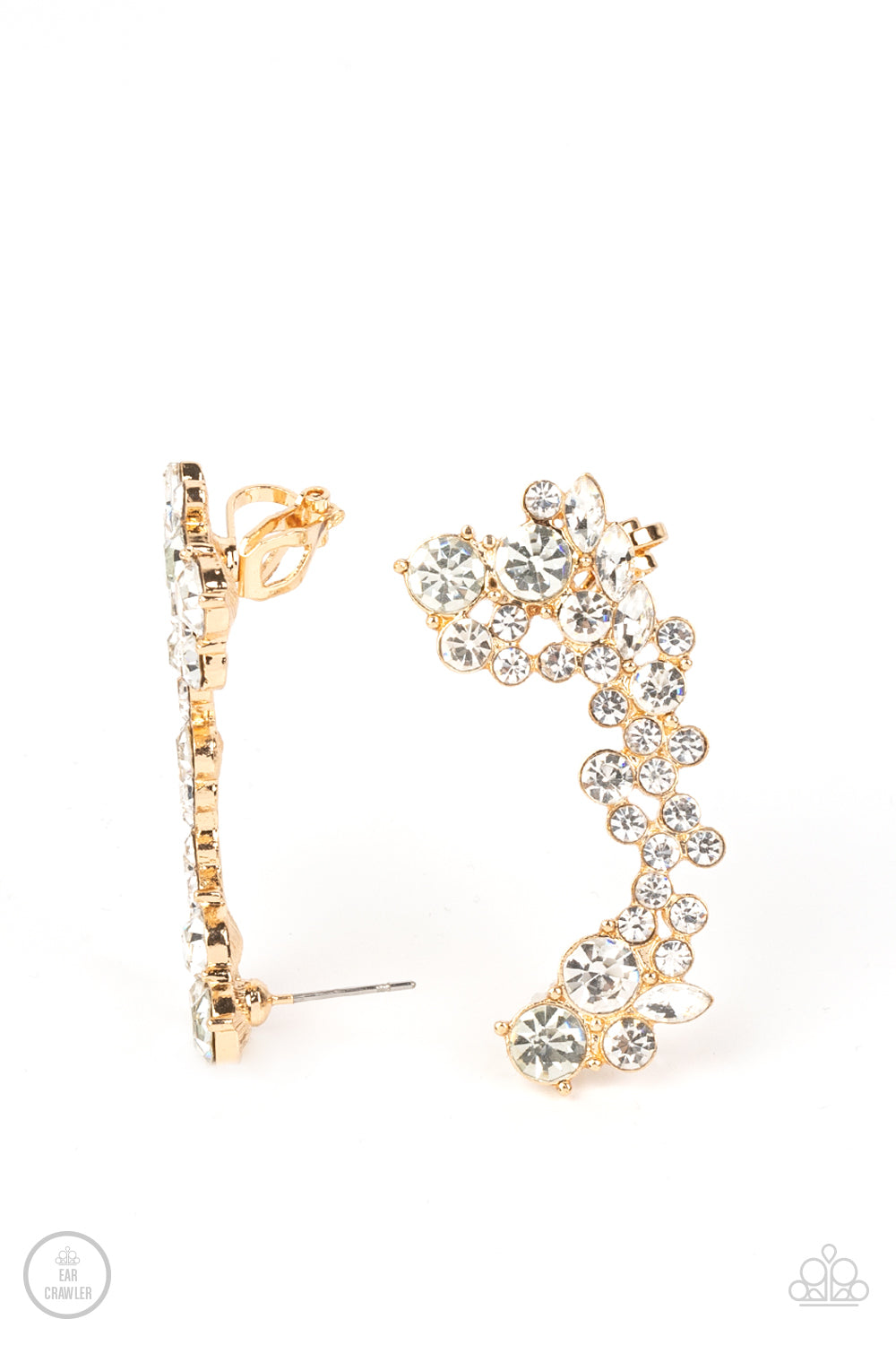 sparkly collision of round and marquise cut white rhinestones tumble down the ear, coalescing into an out-of-this-world sparkle