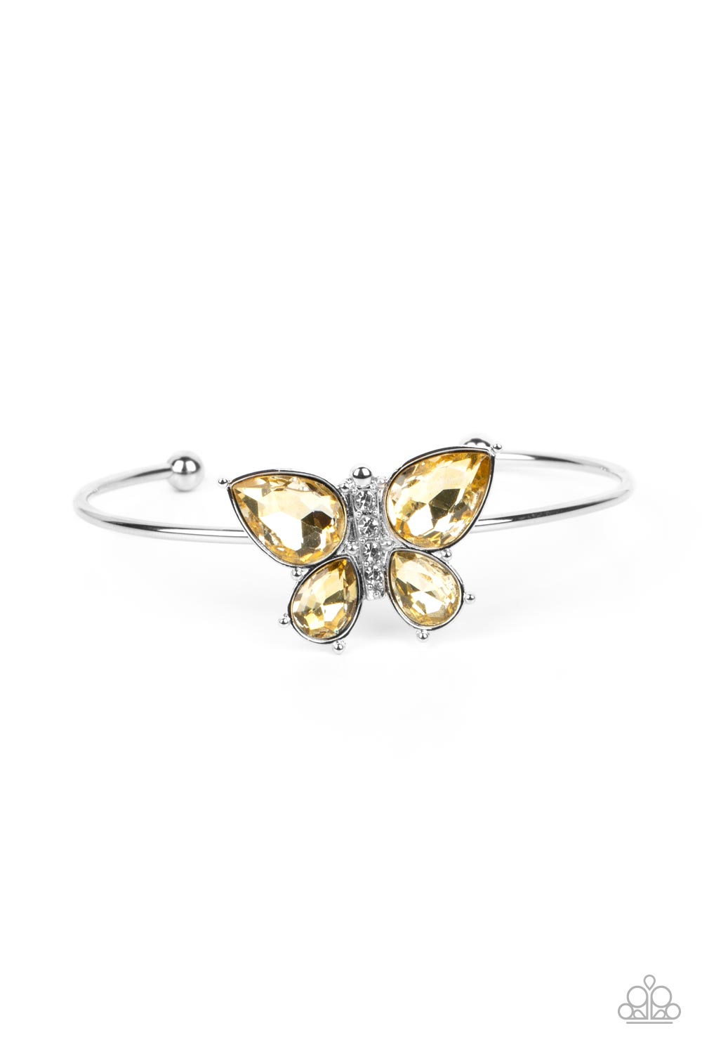 silver butterfly with yellow teardrop rhinestone wings and a white-rhinestone body delicately perches atop a shiny silver cuff