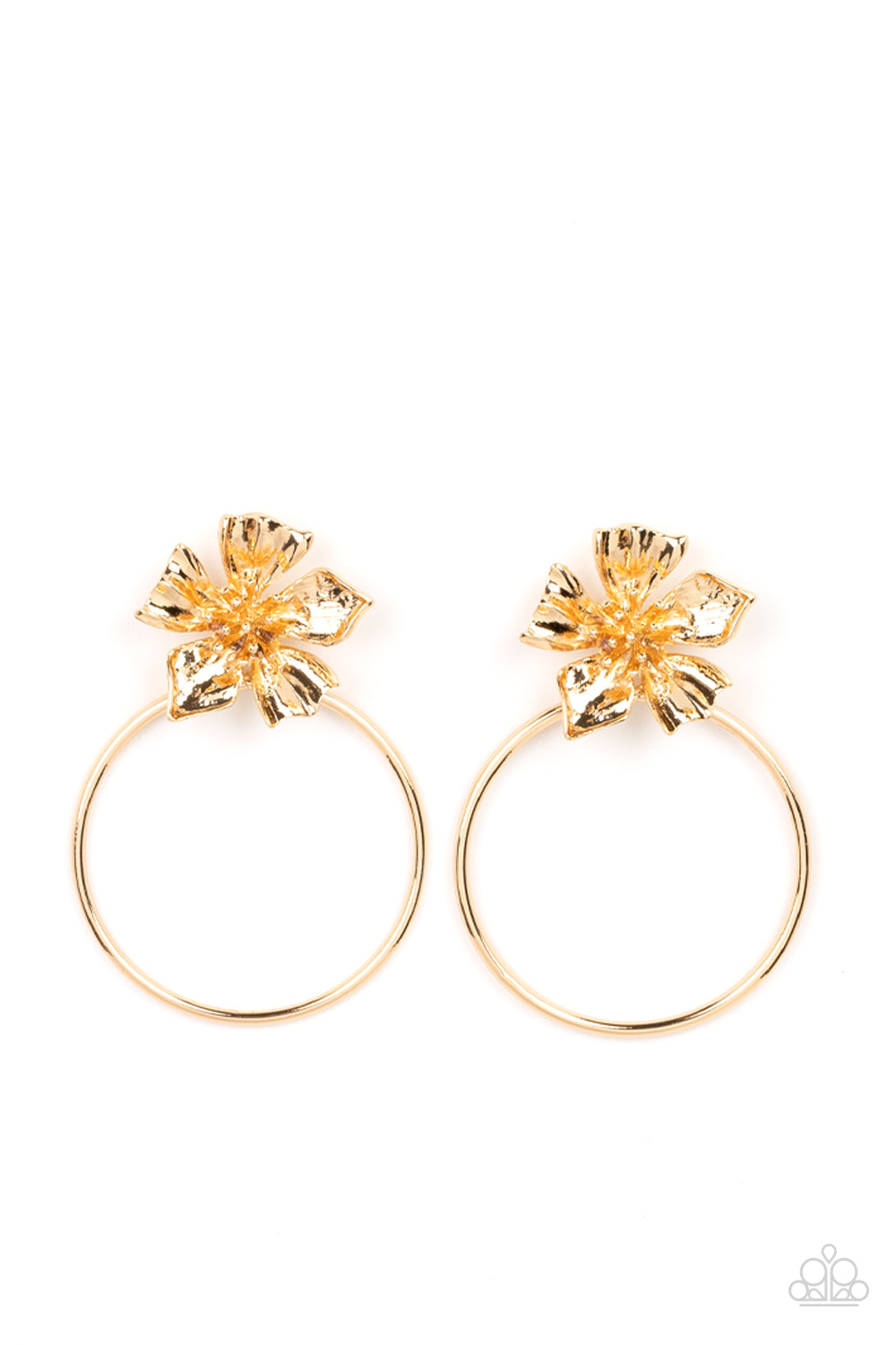 Featuring lifelike textures, a shimmery gold buttercup blooms atop an oversized gold hoop