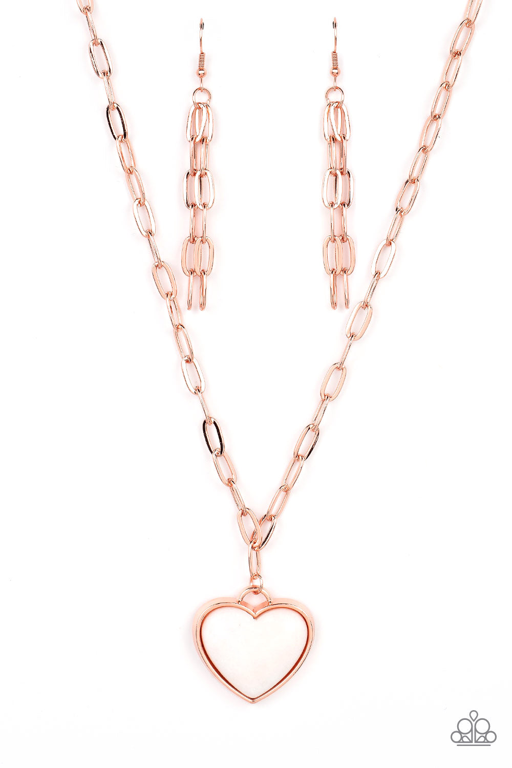 charming heart, a quartz-like gemstone is pressed into the center of a shiny copper fitting at the bottom of a shiny copper chain 