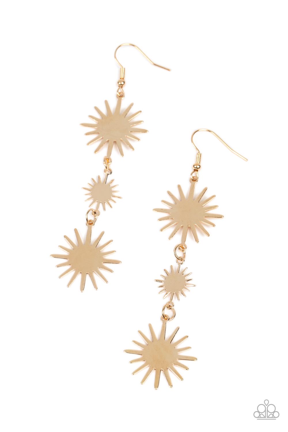 Varying in size, a trio of starry gold sunburst frames delicately links into a lengthened lure for a celestial vibe