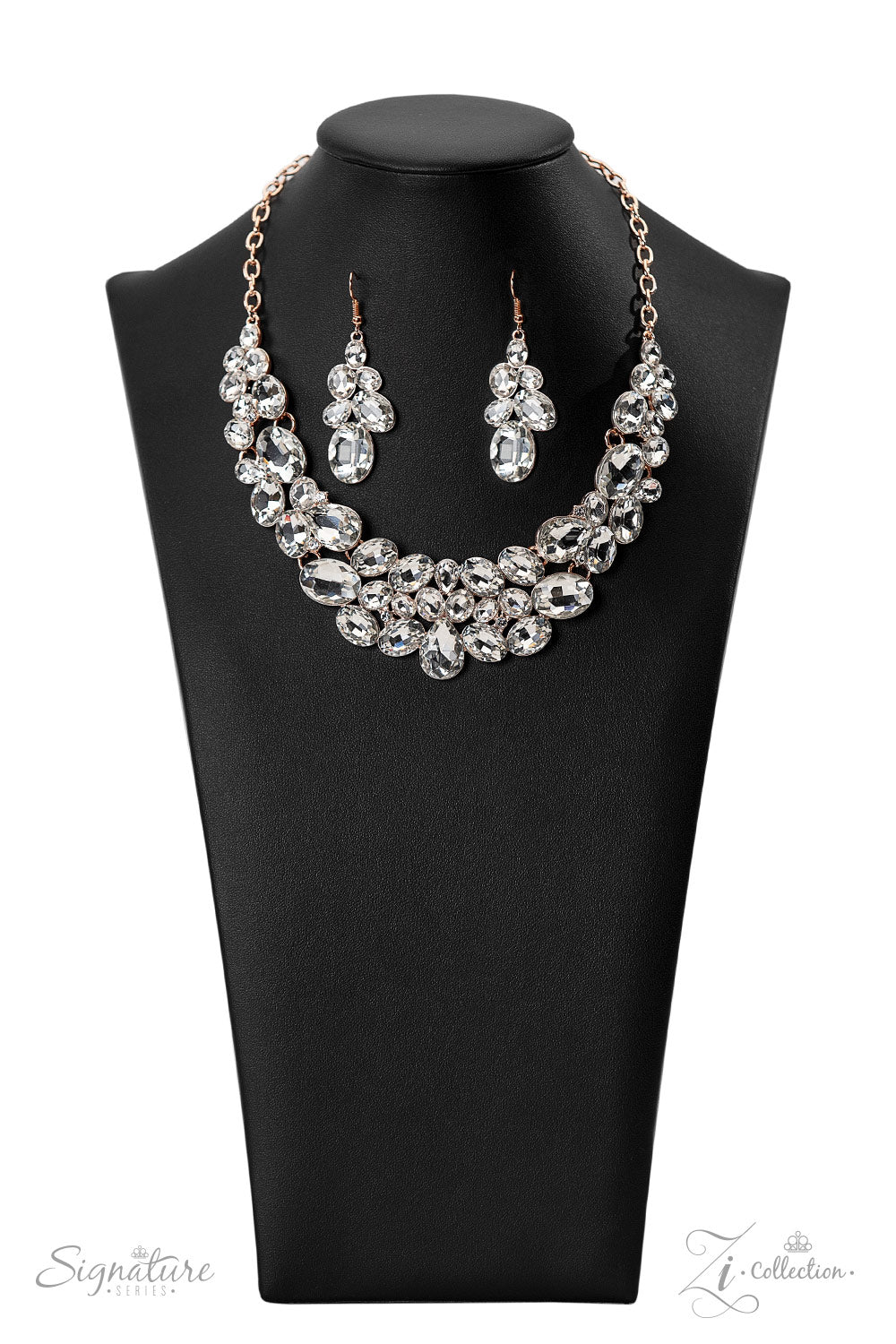Oversized white rhinestones with exaggerated faceted surfaces gather into glittery clusters along the collar