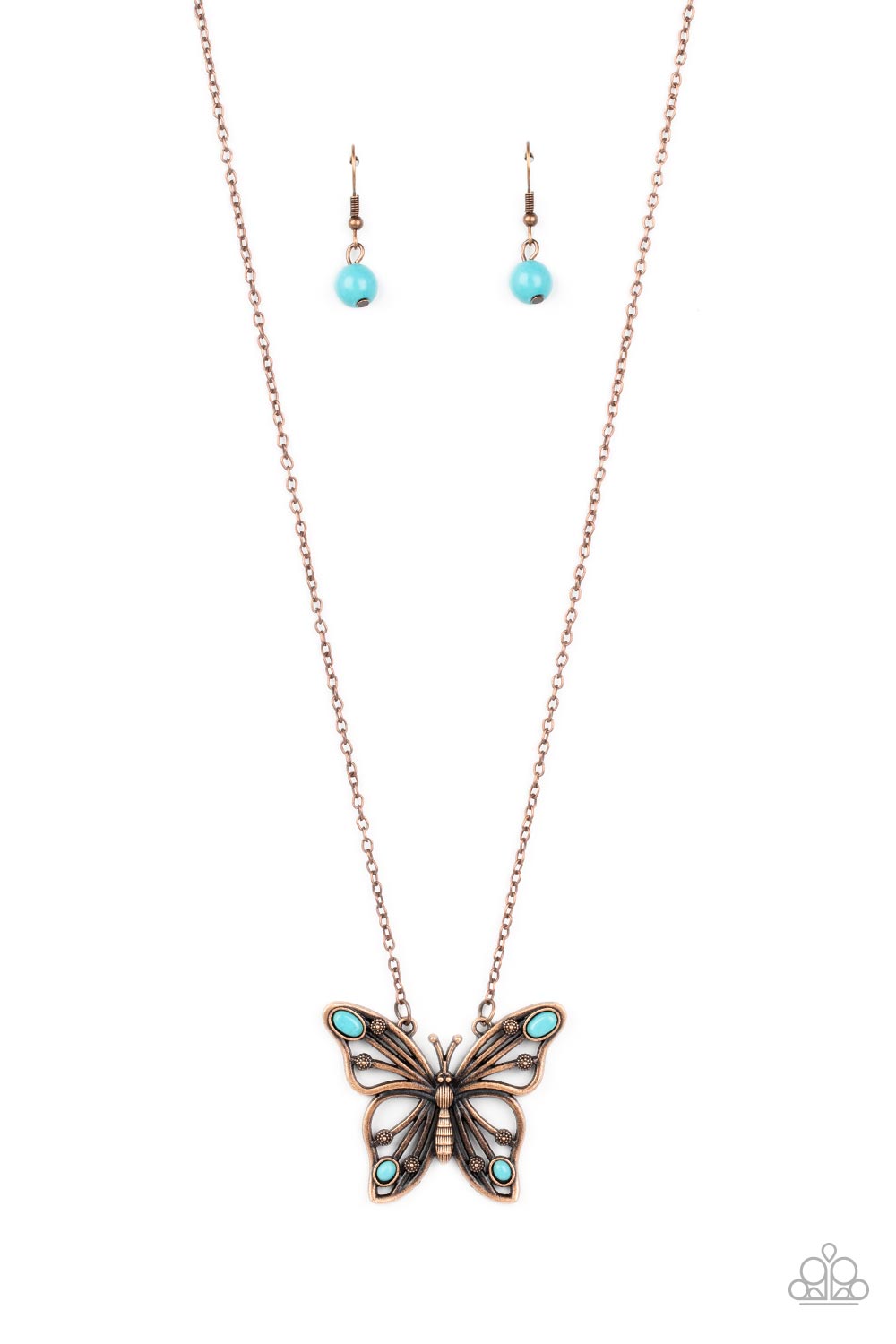 oval turquoise stones, a decorative copper butterfly flutters at the bottom of a copper chain