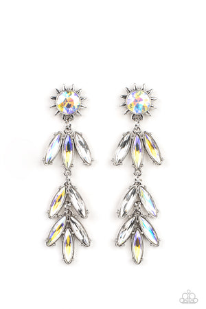 silver sunburst frame wraps around a yellow iridescent gem as it gives way to an explosion of marquise-cut rhinestones