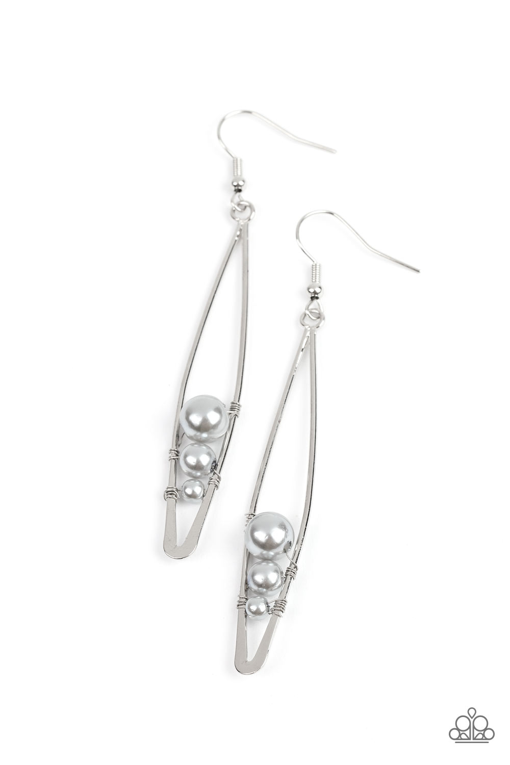 Threaded along dainty silver wires, shimmery gray pearls decrease in size as they tumble down the bottom of an elongated silver frame 