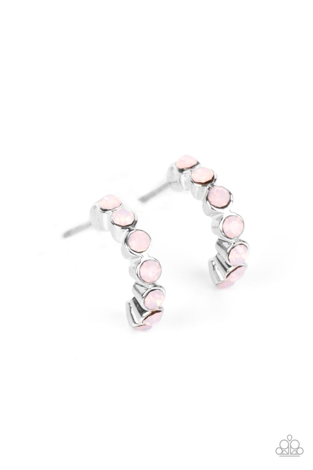 Tiny, rose water, opalescent beads are encased in silver fittings, falling in line as they curve into a dainty hoop